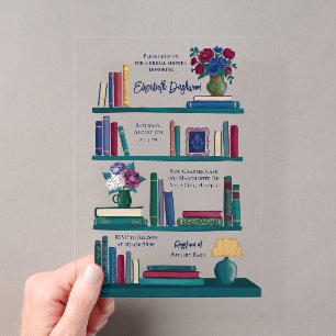 Jewel Tone Library Bookshelf Book Bridal Shower Acrylic Invitations