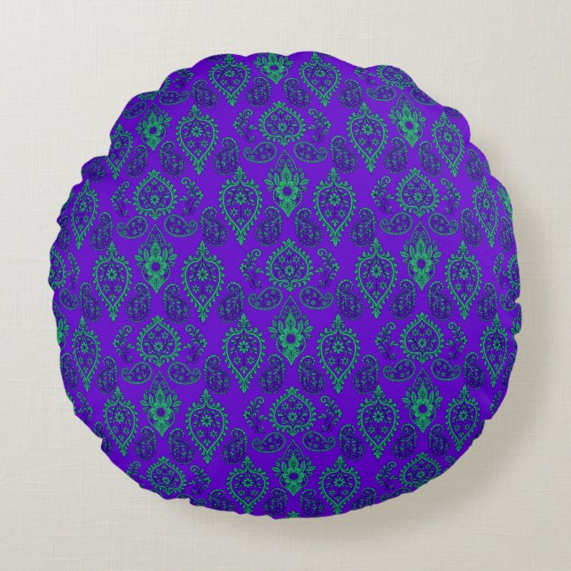 Jewel-Tone Ornate Paisley Design Round Pillow (Front)