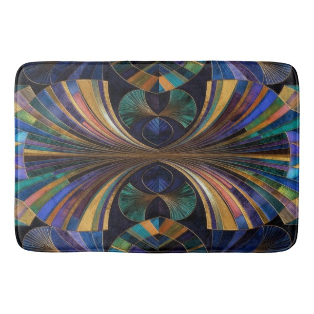 Jewel Tone Peacock Blue Purple Gold Art Deco Bath Mat (Front)