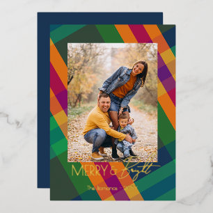 Jewel Tone Plaid Merry & Bright Christmas Photos Foil Holiday Card