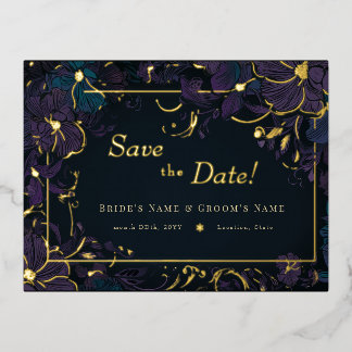 Jewel Tone Purple and Teal Flowers Foil Invitation Postcard