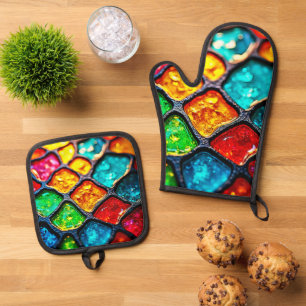 Jewel Tone Stained Glass Art Glow Design Oven Mitt & Pot Holder Set