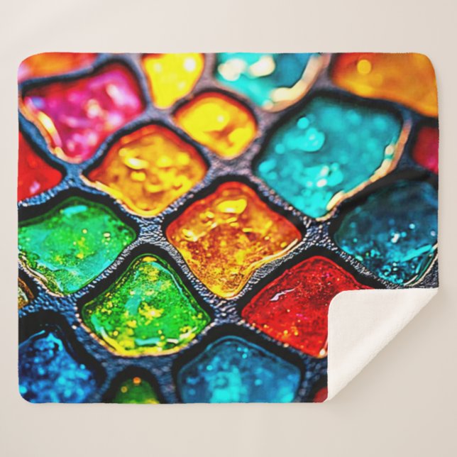 Jewel Tone Stained Glass Art Glow Design Sherpa Blanket (Front (Horizontal))