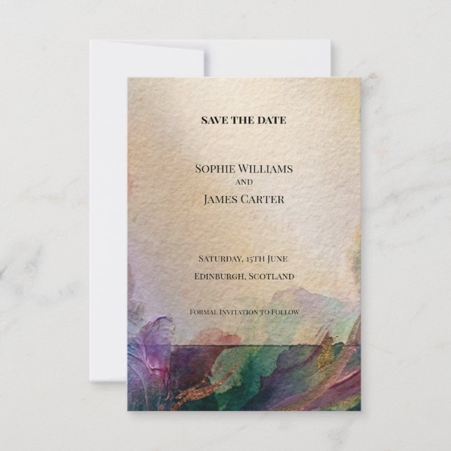 Jewel Tone Watercolour Floral Save The Date Card (Front)