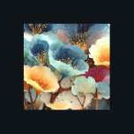 Jewel-Toned Bioluminescent Floral Explosion Canvas Print<br><div class="desc">Oversized, translucent petals in deep navy, electric turquoise, aqua, peach, burnt orange, and rich magenta overlap in a radiant, almost glowing floral cluster. Fine veining, subtle cellular texture, and sparkling clusters of golden stamens create luminous depth and hypnotic movement across thin organic stems. The rich, saturated palette and dreamlike scale...</div>