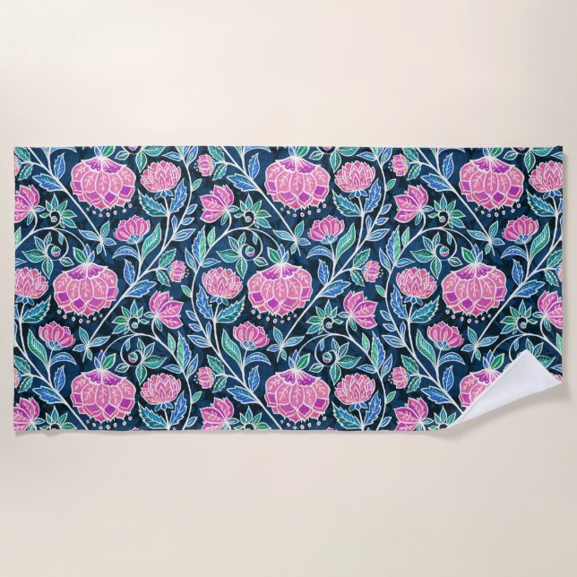Jewel Toned Boho Chalk Chintz Floral Pattern Beach Towel (Front)