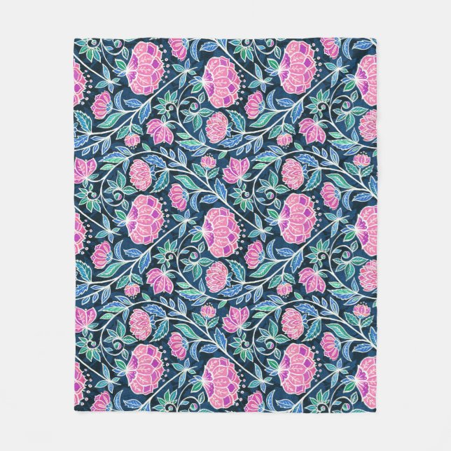 Jewel Toned Boho Chalk Chintz Floral Pattern Fleece Blanket (Front)