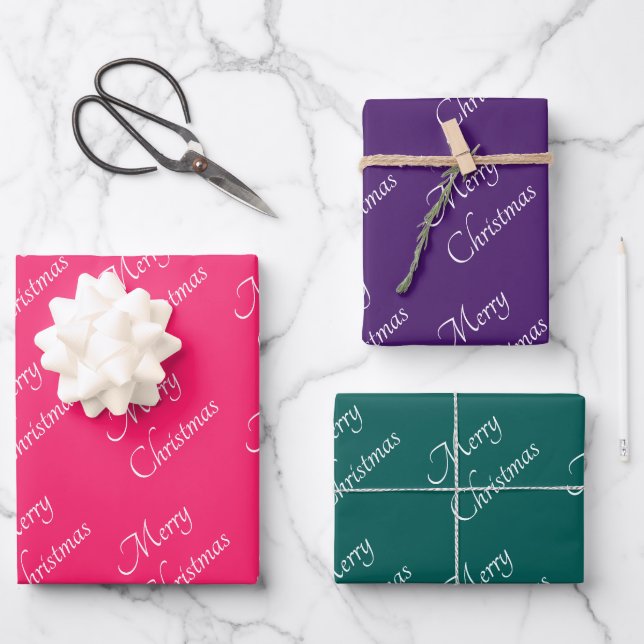 Jewel Toned Pink Purple Green Merry Christmas Wrapping Paper Sheet (Front)