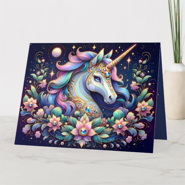 Jewel Toned Unicorn Floral Fantasy Card (Front)