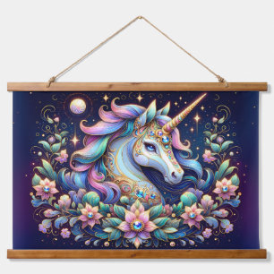 Jewel Toned Unicorn Floral Fantasy Hanging Tapestry