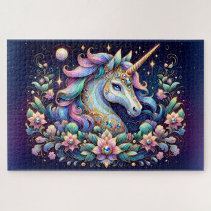 Jewel Toned Unicorn Floral Fantasy Jigsaw Puzzle