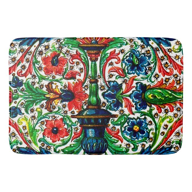 Jewel Tones Medieval Manuscript Flowers Scrolls Bath Mat (Front)
