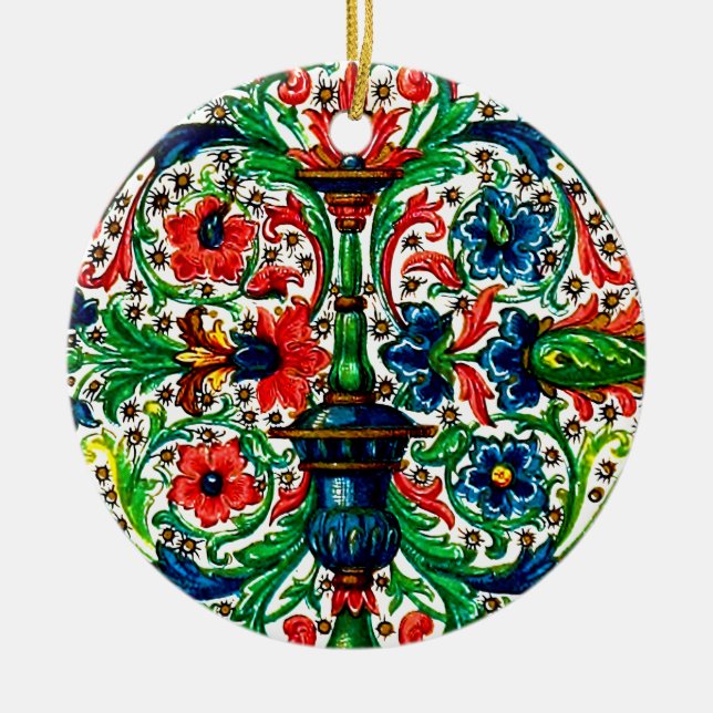 Jewel Tones Medieval Manuscript Flowers Scrolls Ceramic Ornament (Front)