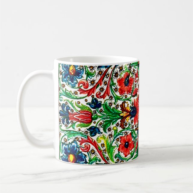 Jewel Tones Medieval Manuscript Flowers Scrolls Coffee Mug (Left)