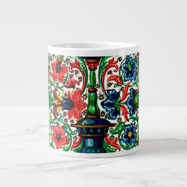 Jewel Tones Medieval Manuscript Flowers Scrolls Large Coffee Mug (Front)