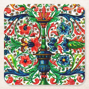 Jewel Tones Medieval Manuscript Flowers Scrolls Square Paper Coaster