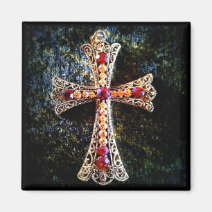 JEWELED CROSS ON VELVET LOOK BACKGROUND MAGNET