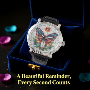 Jeweled Garden Stained Glass Butterfly Floral  Watch