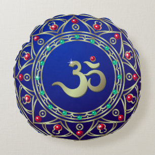 Jewelled Blue Om Ceramic Round Pillow