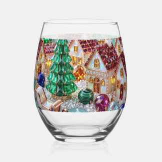 Jewelled Christmas Village Emerald Tree Ruby House Stemless Wine Glass