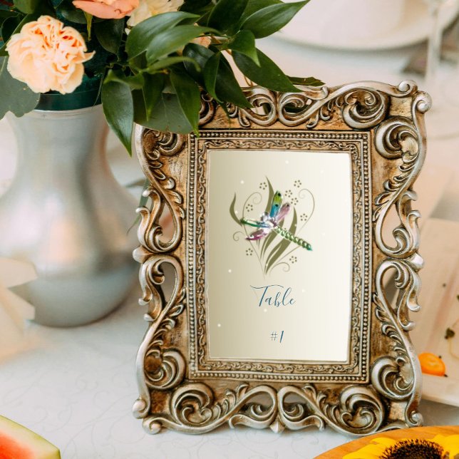Jewelled Dragonfly Reception Table Card (Jeweled Dragonfly Wedding Reception Table Number Card)