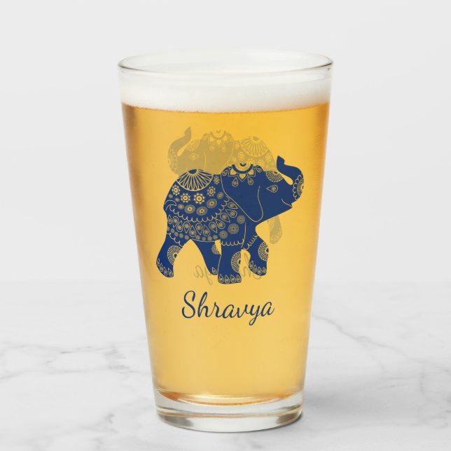 Jewelled Elephant Royal Blue Personalized Glass (Front Filled)