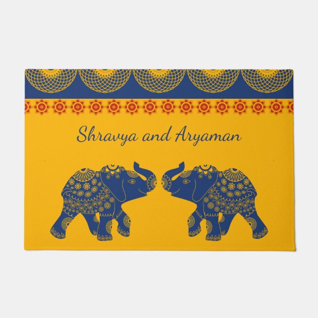 Jewelled Elephants, Golde and Blue Personalized Doormat (Front)