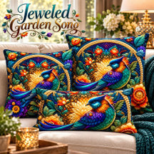 Jewelled Garden Song Quilted Bird Throw Pillow