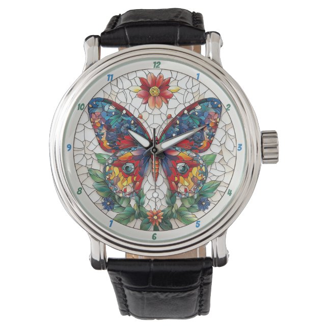 Jewelled Garden Stained Glass Butterfly Floral  Watch (Front)