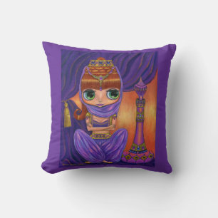 Jewelled Genie Girl in Purple with Magic Bottle Throw Pillow