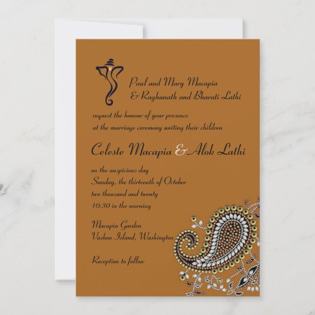 Jewelled Gold Silver Navy Paisley Hindu Wedding Invitation (Front)