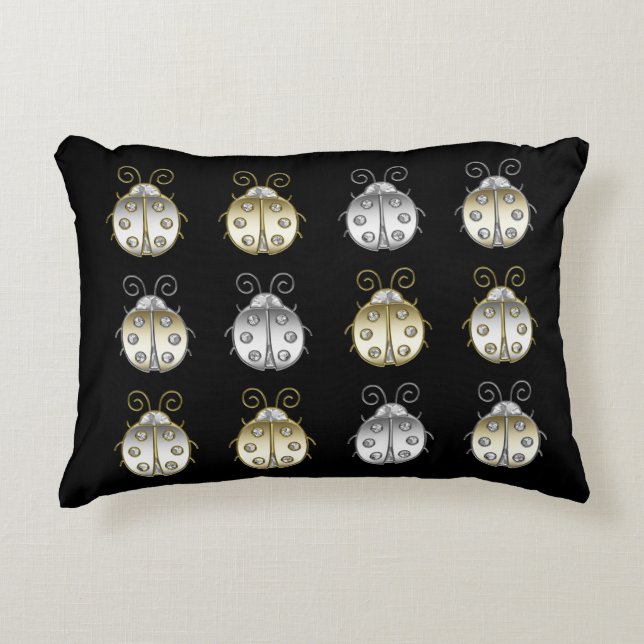 Jewelled Ladybugs Gold Silver Diamond Accent Pillow (Front)