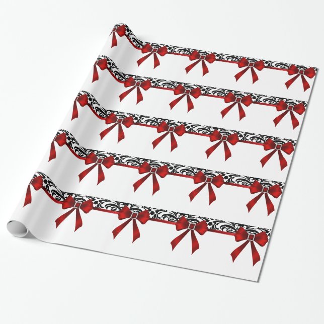 Jewelled Red Bow Damask Holiday Wrapping Paper (Unrolled)