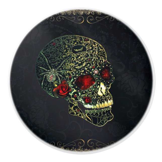 Jewelled Spider Skull & Roses Glam Gothic Filigree Ceramic Knob (Front)