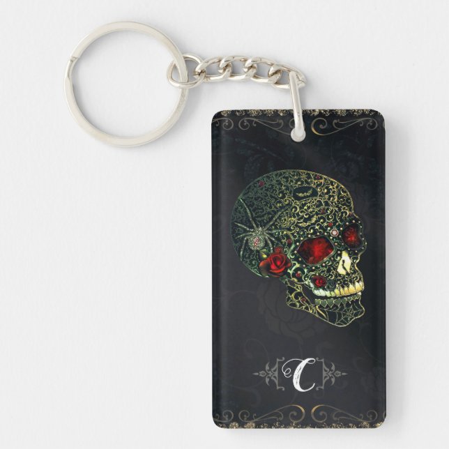 Jewelled Spider Skull & Roses Glam Gothic Filigree Keychain (Front)