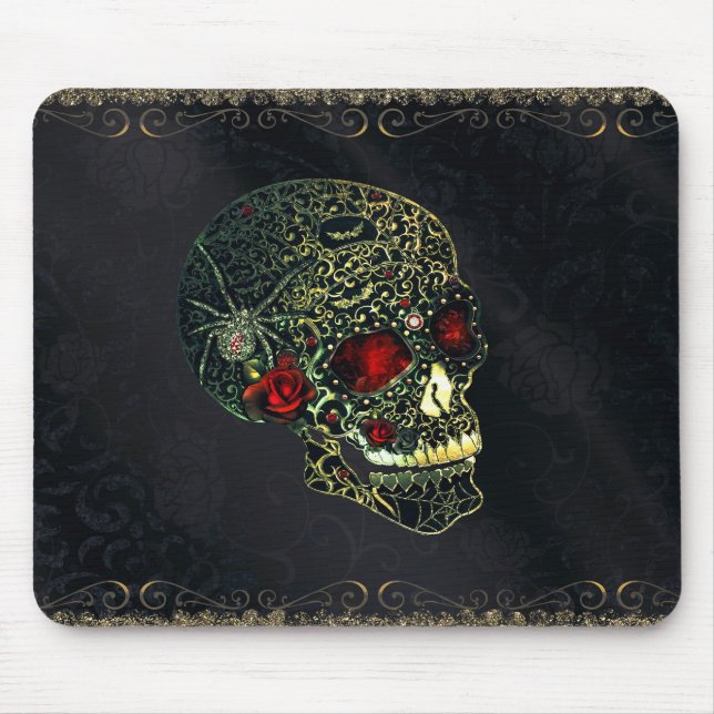 Jewelled Spider Skull & Roses Glam Gothic Filigree Mouse Pad (Front)
