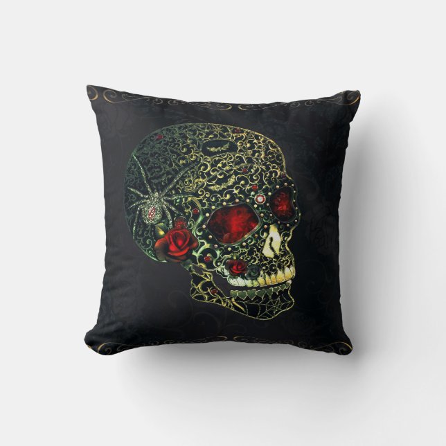 Jewelled Spider Skull & Roses Glam Gothic Filigree Throw Pillow (Front)