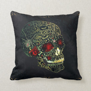 Jewelled Spider Skull & Roses Glam Gothic Filigree Throw Pillow