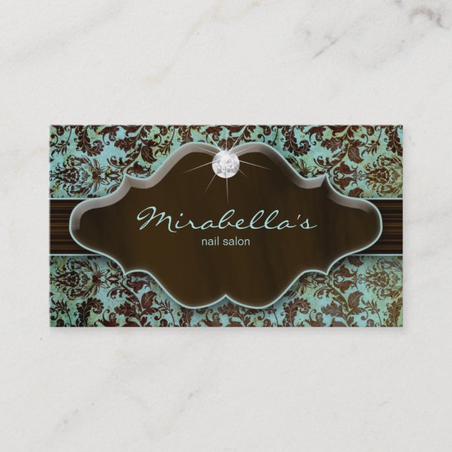 Jewellery Business Card Damask Blue Brown Diamond (Front)