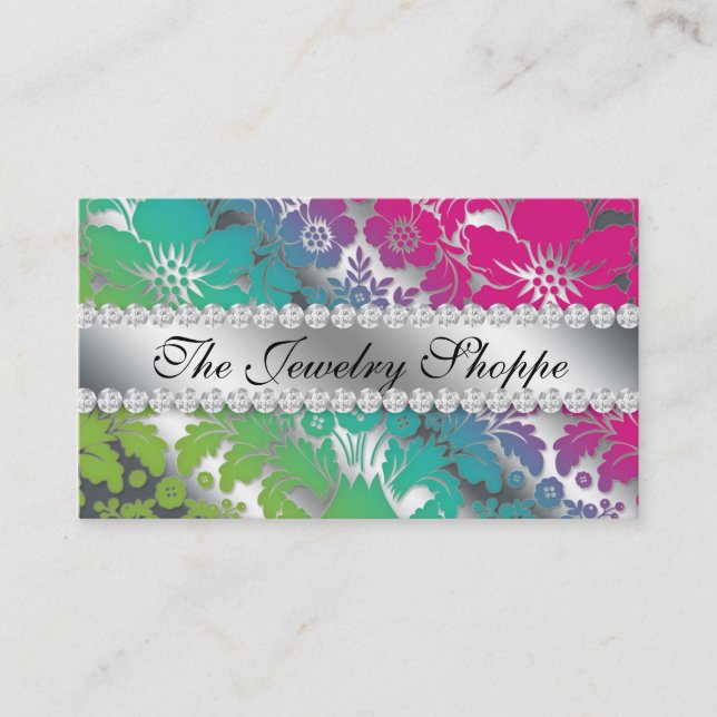 Jewellery Business Card Damask Floral Silver PGB (Front)