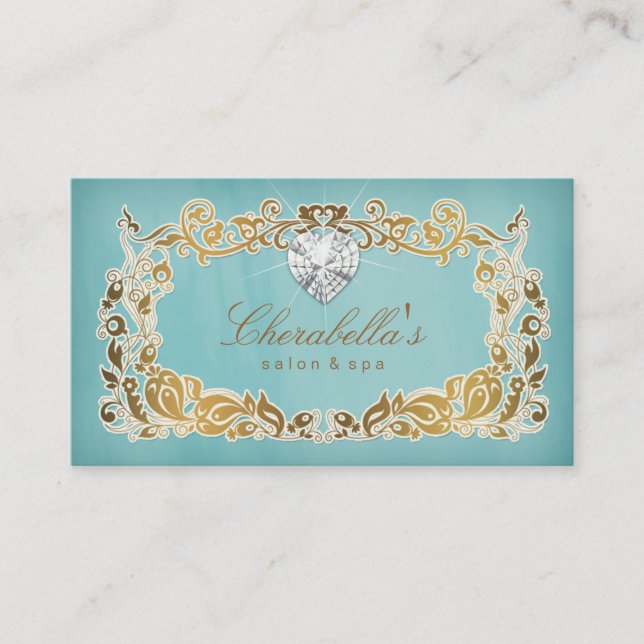 Jewellery Business Card Floral Blue Gold Frame (Front)