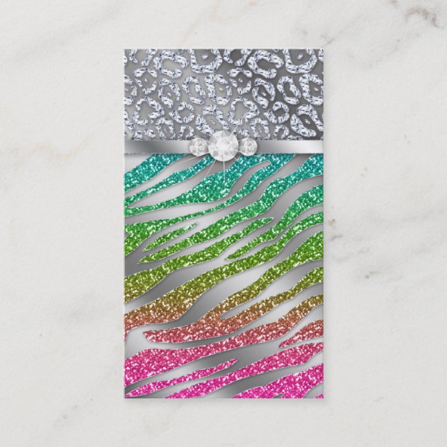 Jewellery Business Card Glitter Zebra Pink Silver (Front)
