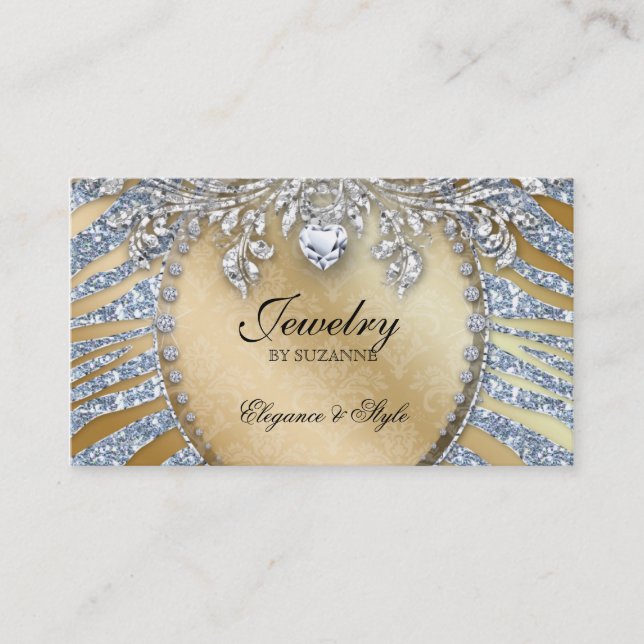 Jewellery Business Card Zebra Glitter Silver Gold (Front)