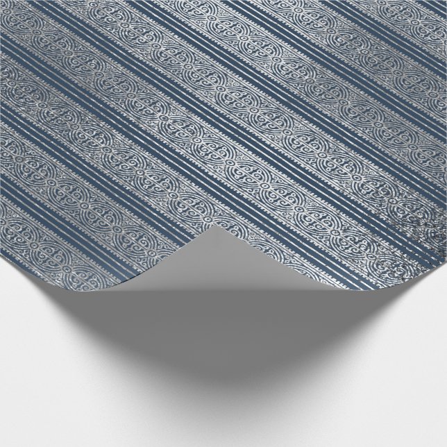 Jewellery Celtic Ornament Stripes Blue Navy Silver Wrapping Paper (Corner)