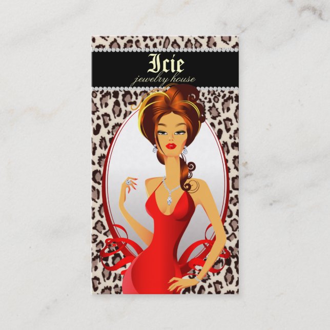 Jewellery Diamonds Red Leopard Beige Business Card (Front)