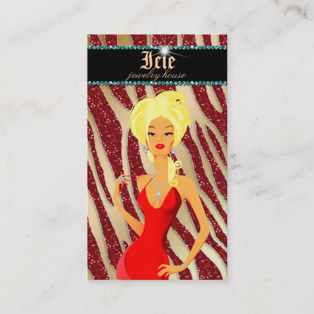 Jewellery Diamonds Red Zebra Sparkle Gold Blonde Business Card (Front)