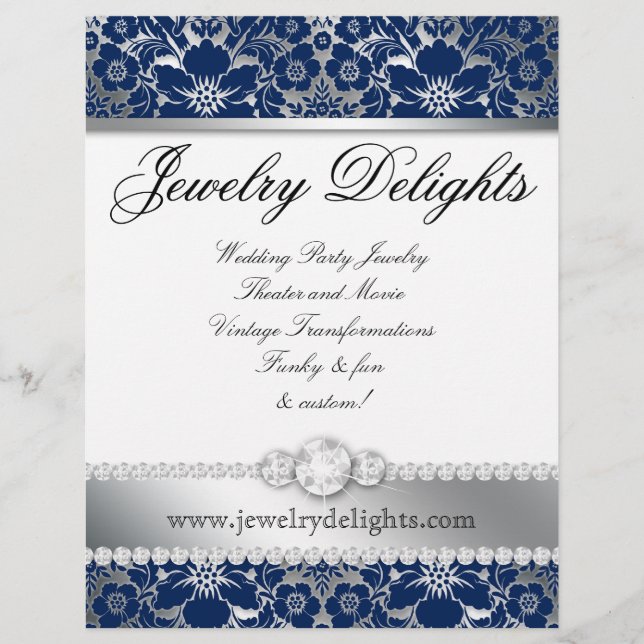 Jewellery Flyer Hair Salon Floral Damask Navy Silv (Front)