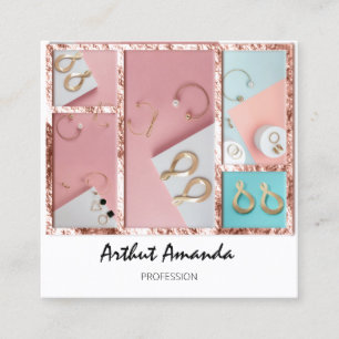 Jewellery Luxury Gold Pearls Rose Pink White Frame Square Business Card