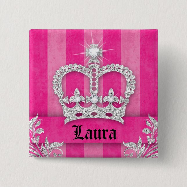 Jewellery Princess Crown Pink Stripes Brooch 2 Inch Square Button (Front)