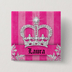 Jewellery Princess Crown Pink Stripes Brooch 2 Inch Square Button